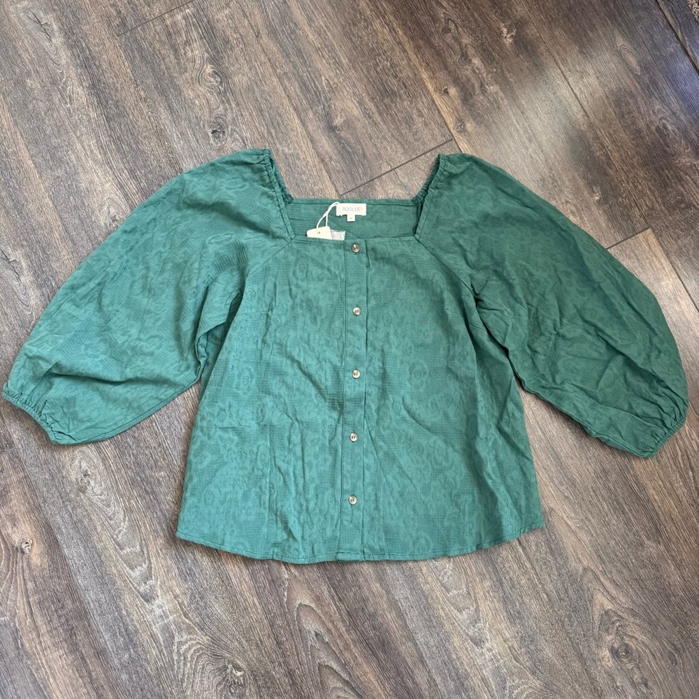 Roolee Green Button-Up Puff Sleeve Blouse Top Square Neck NWT